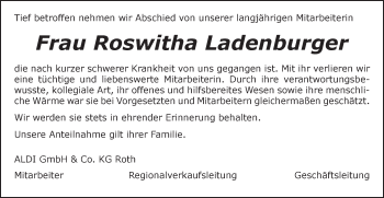 Traueranzeige von Roswitha Ladenburger von Schwäbische Post