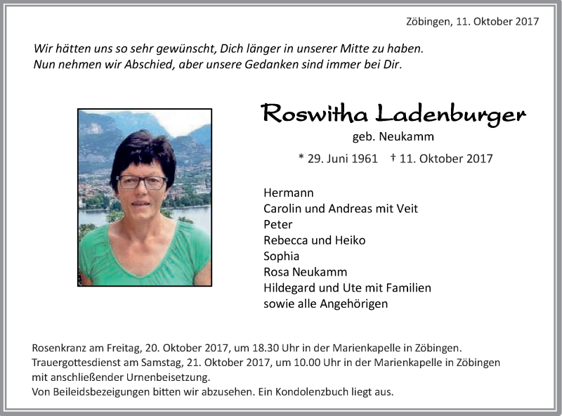  Traueranzeige für Roswitha Ladenburger vom 17.10.2017 aus Schwäbische Post