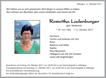 Traueranzeige von Roswitha Ladenburger von Schwäbische Post