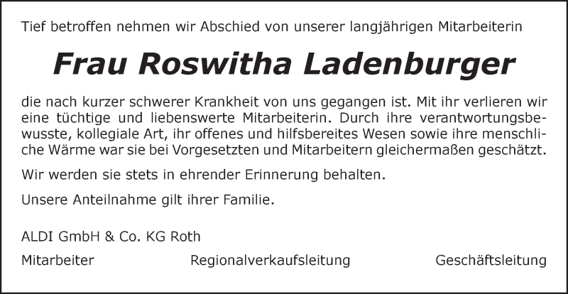  Traueranzeige für Roswitha Ladenburger vom 17.10.2017 aus Schwäbische Post