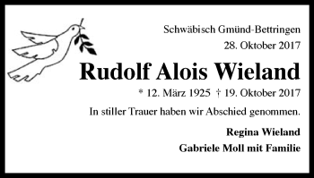 Traueranzeige von Rudolf Alois Wieland von Gmünder Tagespost