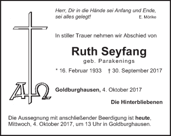 Traueranzeige von Ruth Seyfang von Schwäbische Post