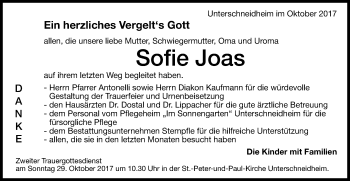 Traueranzeige von Sofie Joas von Schwäbische Post