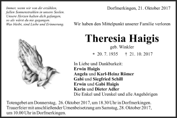 Traueranzeige von Theresia Haigis von Schwäbische Post