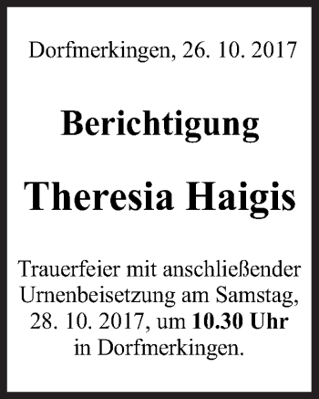 Traueranzeige von Theresia Haigis von Schwäbische Post