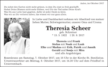 Traueranzeige von Theresia Scheer von Schwäbische Post