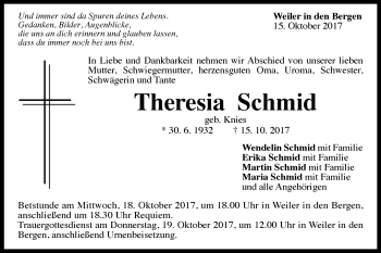 Traueranzeige von Theresia Schmid von Gmünder Tagespost