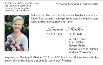 Traueranzeige von Traute Müller von Gmünder Tagespost
