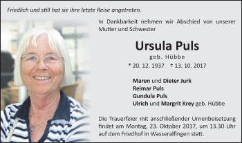 Traueranzeige von Ursula Puls von Schwäbische Post