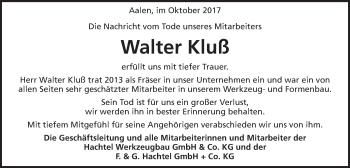 Traueranzeige von Walter Kluß von Schwäbische Post