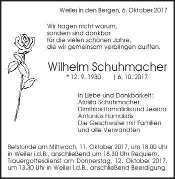 Traueranzeige von Wilhelm Schuhmacher von Gmünder Tagespost