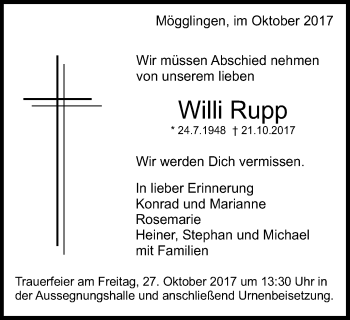 Traueranzeige von Willi Rupp von Gmünder Tagespost