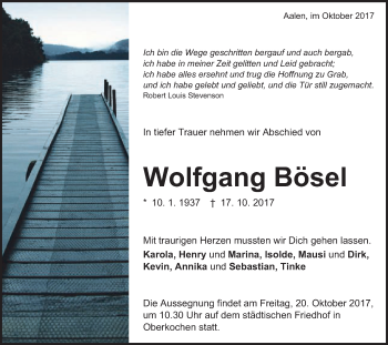 Traueranzeige von Wolfgang Bösel von Schwäbische Post
