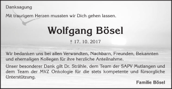 Traueranzeige von Wolfgang Bösel von Schwäbische Post