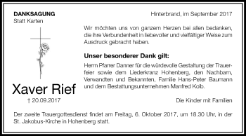Traueranzeige von Xaver Rief von Schwäbische Post