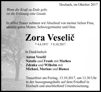 Traueranzeige von Zora Veselic von Gmünder Tagespost