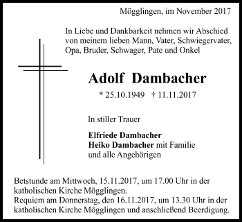 Traueranzeige von Adolf Dambacher von Gmünder Tagespost