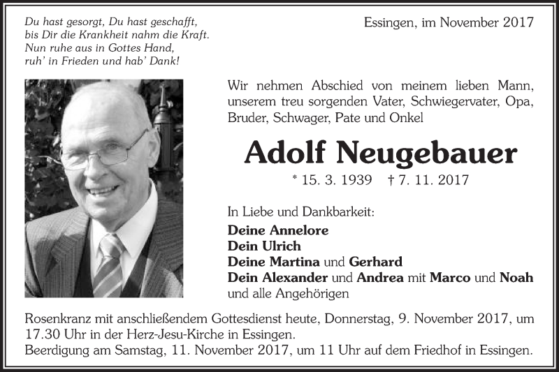  Traueranzeige für Adolf Neugebauer vom 09.11.2017 aus Schwäbische Post