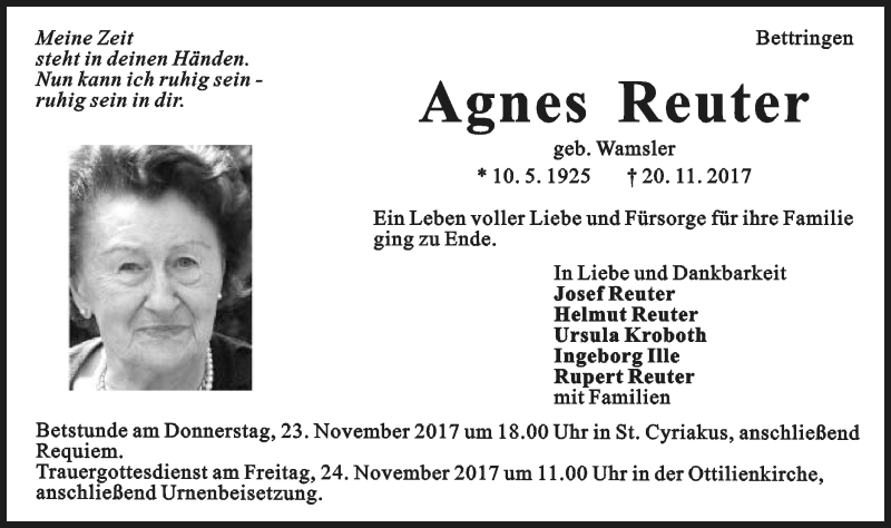  Traueranzeige für Agnes Reuter vom 21.11.2017 aus Gmünder Tagespost