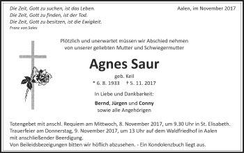 Traueranzeige von Agnes Saur von Schwäbische Post
