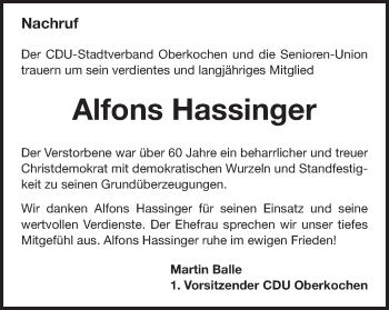 Traueranzeige von Alfons Hassinger von Amtsblatt_Oko