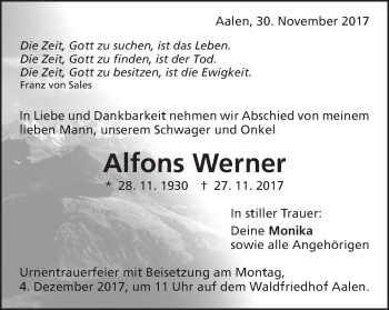 Traueranzeige von Alfons Werner von Schwäbische Post