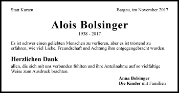 Traueranzeige von Alois Bolsinger von Gmünder Tagespost