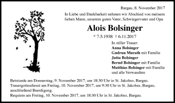 Traueranzeige von Alois Bolsinger von Gmünder Tagespost