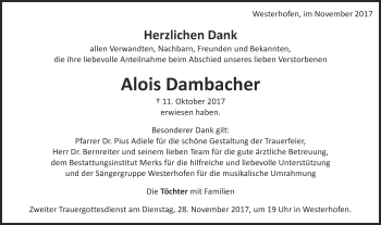 Traueranzeige von Alois Dambacher von Schwäbische Post