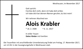 Traueranzeige von Alois Krabler von Schwäbische Post