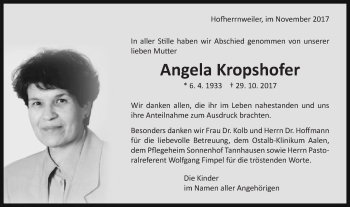 Traueranzeige von Angela Kropshofer von Schwäbische Post
