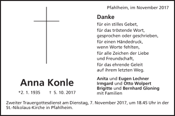 Traueranzeige von Anna Konle von Schwäbische Post