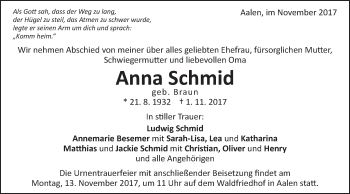 Traueranzeige von Anna Schmid von Schwäbische Post