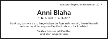 Traueranzeige von Anni Blaha von Schwäbische Post