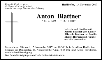 Traueranzeige von Anton Blattner von Gmünder Tagespost
