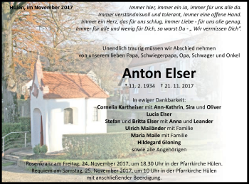 Traueranzeige von Anton Elser von Schwäbische Post