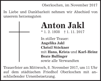 Traueranzeige von Anton Jakl von Schwäbische Post