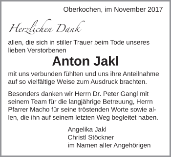 Traueranzeige von Anton Jakl von Schwäbische Post