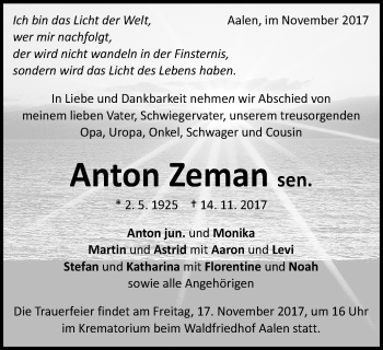 Traueranzeige von Anton Zeman von Schwäbische Post