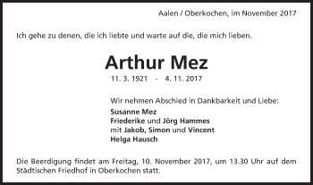 Traueranzeige von Arthur Mez von Schwäbische Post