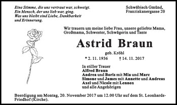 Traueranzeige von Astrid Braun von Gmünder Tagespost