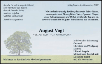 Traueranzeige von August Vogt von Gmünder Tagespost