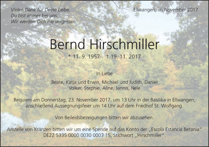  Traueranzeige für Bernd Hirschmiller vom 21.11.2017 aus Schwäbische Post