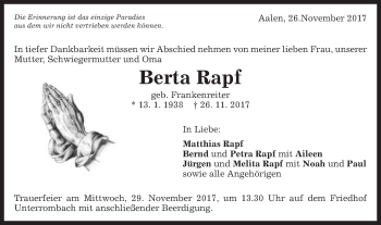 Traueranzeige von Berta Rapf von Schwäbische Post