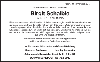 Traueranzeige von Birgit Schaible von Schwäbische Post