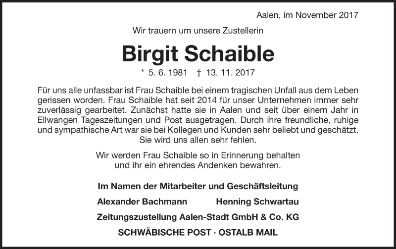 Traueranzeige für Birgit Schaible vom 18.11.2017 aus Schwäbische Post