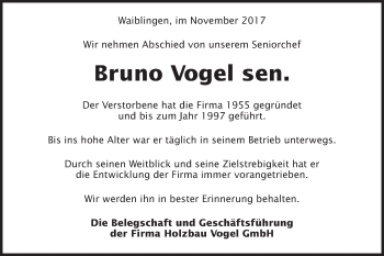 Traueranzeige von Bruno Vogel von Schwäbische Post
