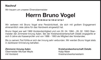 Traueranzeige von Bruno Vogel von Schwäbische Post