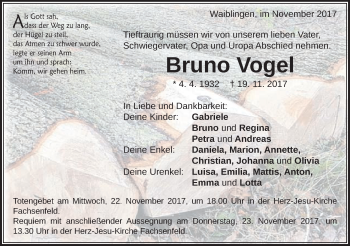 Traueranzeige von Bruno Vogel von Schwäbische Post