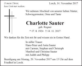 Traueranzeige von Charlotte Sauter von Gmünder Tagespost
